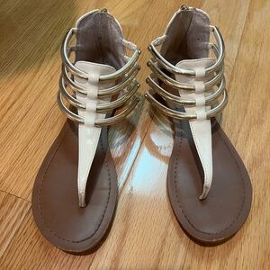 Stylish White and Brown Sandals with Gold Accents